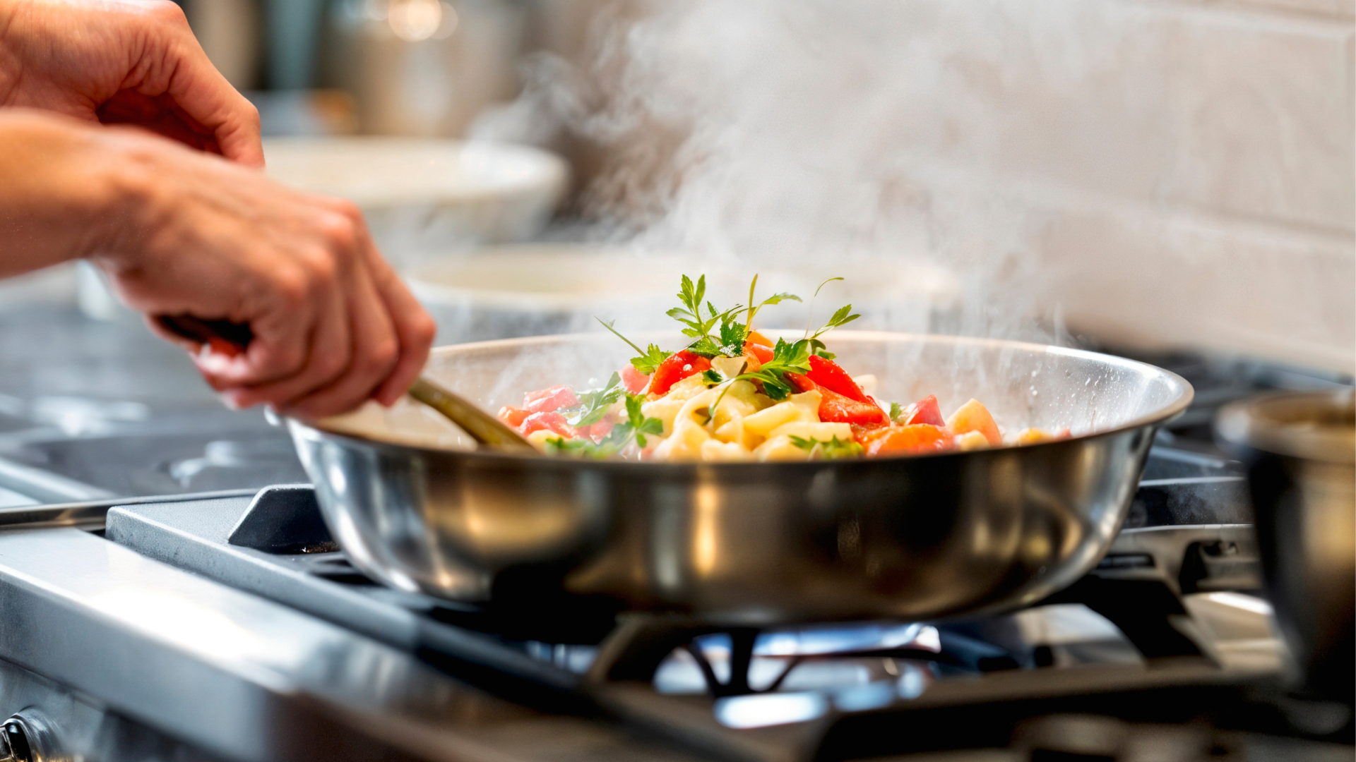 Pessoa cozinhando alimentos em panela sobre fogão, ilustrando o uso do fogão elétrico.