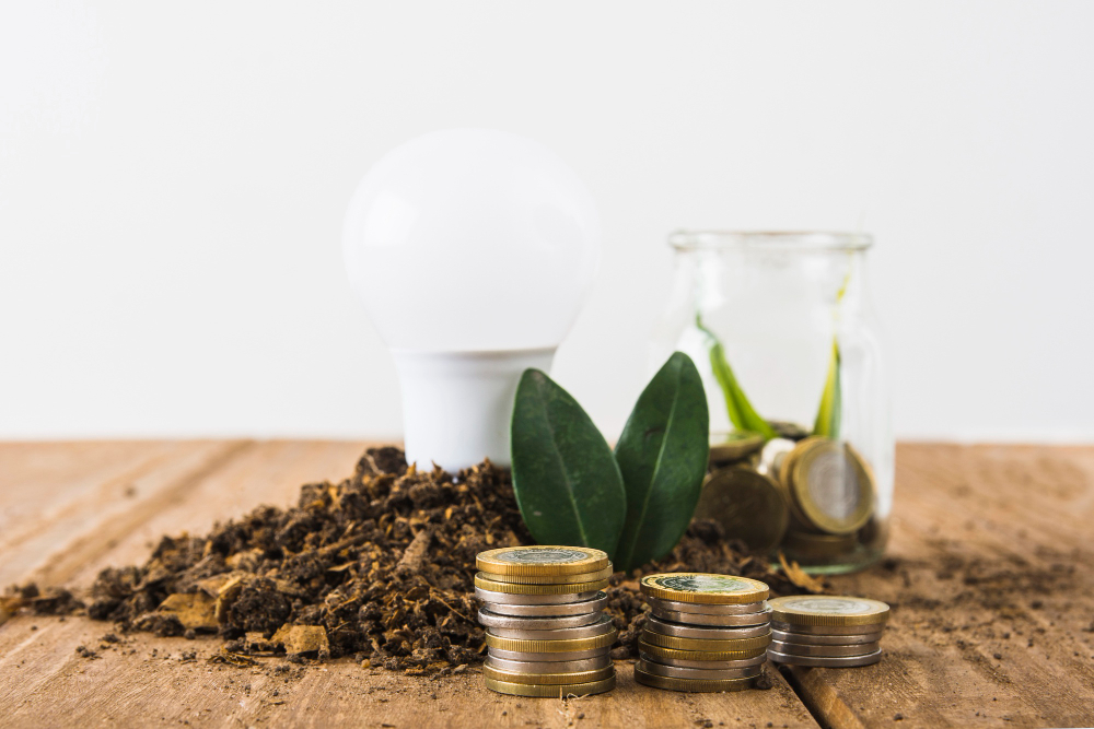Energia e sustentabilidade - moedas, terra, plantas e lâmpada sobre a mesa, simbolizando Energia e sustentabilidade