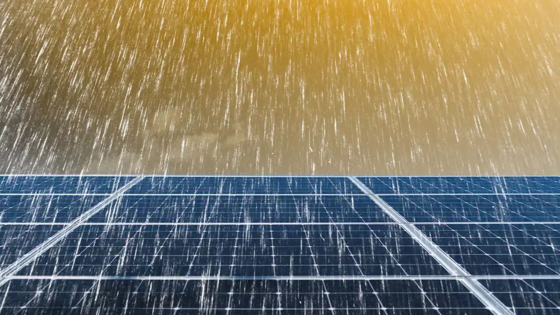 Painéis solares recebendo chuva intensa, ilustrando o funcionamento da energia solar em dias nublados ou chuvosos.