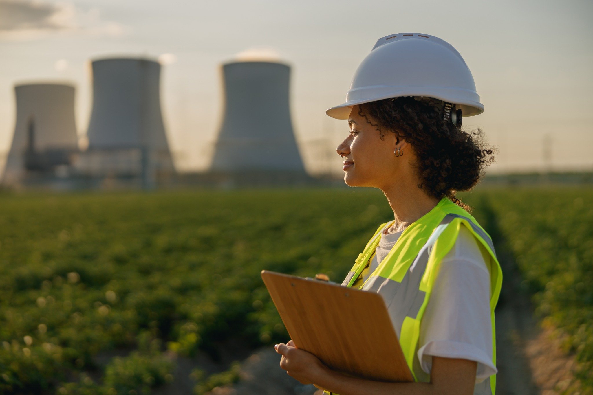 Engenheira com capacete diante de usina.