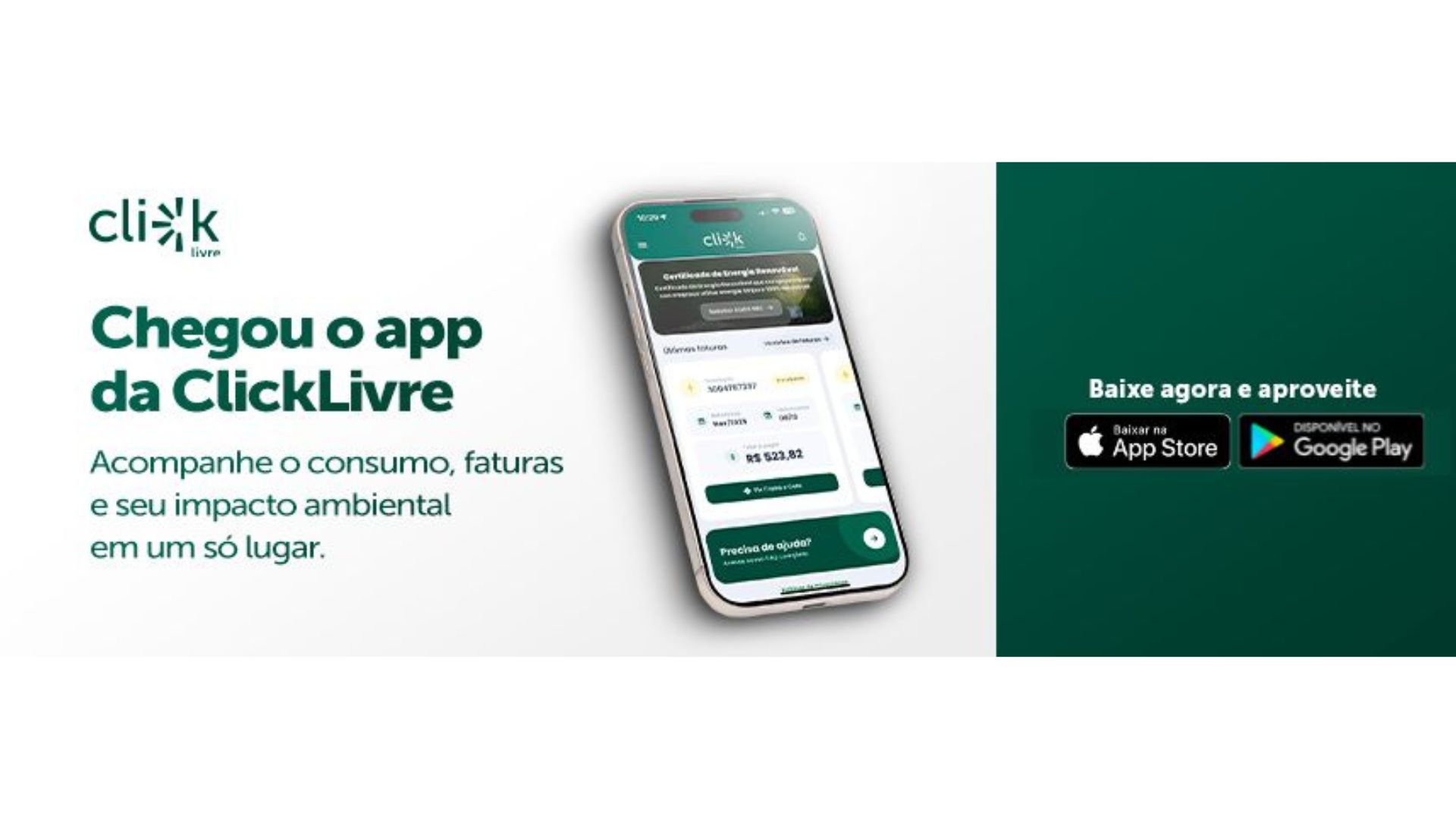 App energia solar da ClickLivre exibido em smartphone com consumo e faturas.