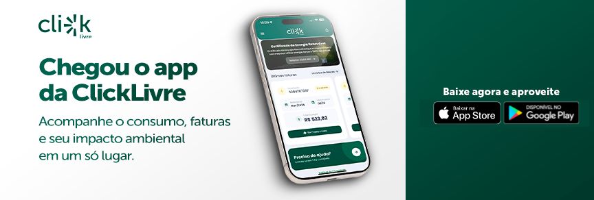 App energia solar da ClickLivre exibido em smartphone com consumo e faturas.