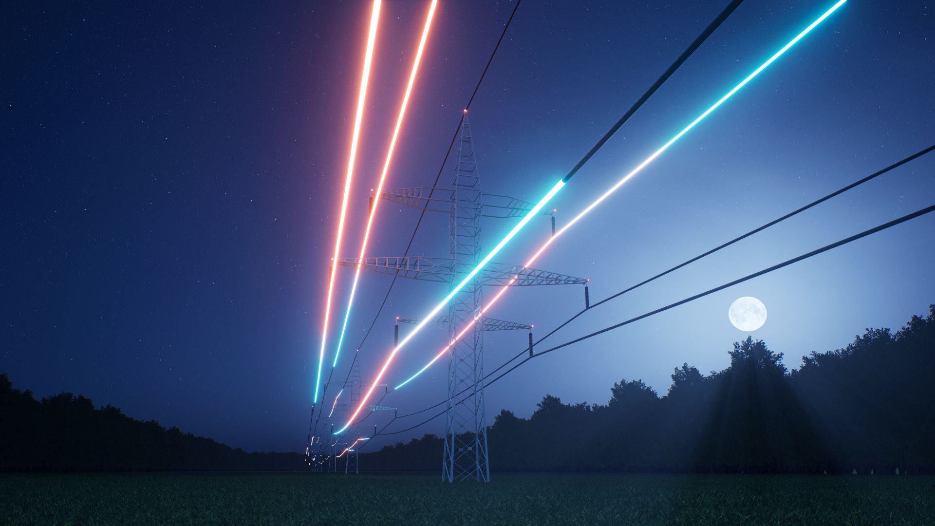 Linhas de transmissão de energia elétrica à noite com torres e luzes representando distribuição de energia e rede elétrica no Brasil.