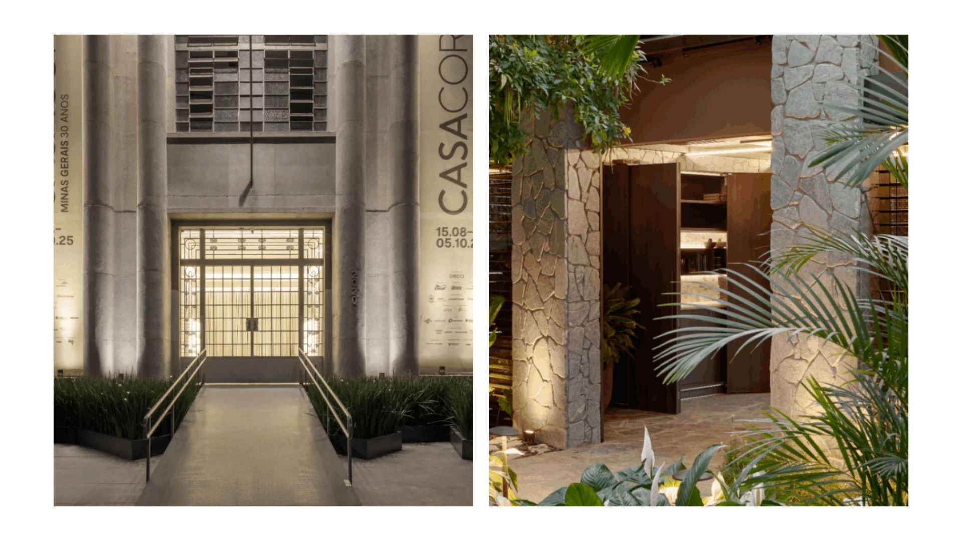 Entrada e ambiente interno da CASACOR Minas Gerais, com destaque para arquitetura, paisagismo e design do evento.