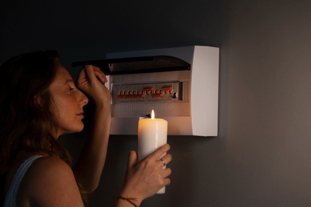 Picos de energia: mulher iluminando quadro de energia com uma vela acesa.